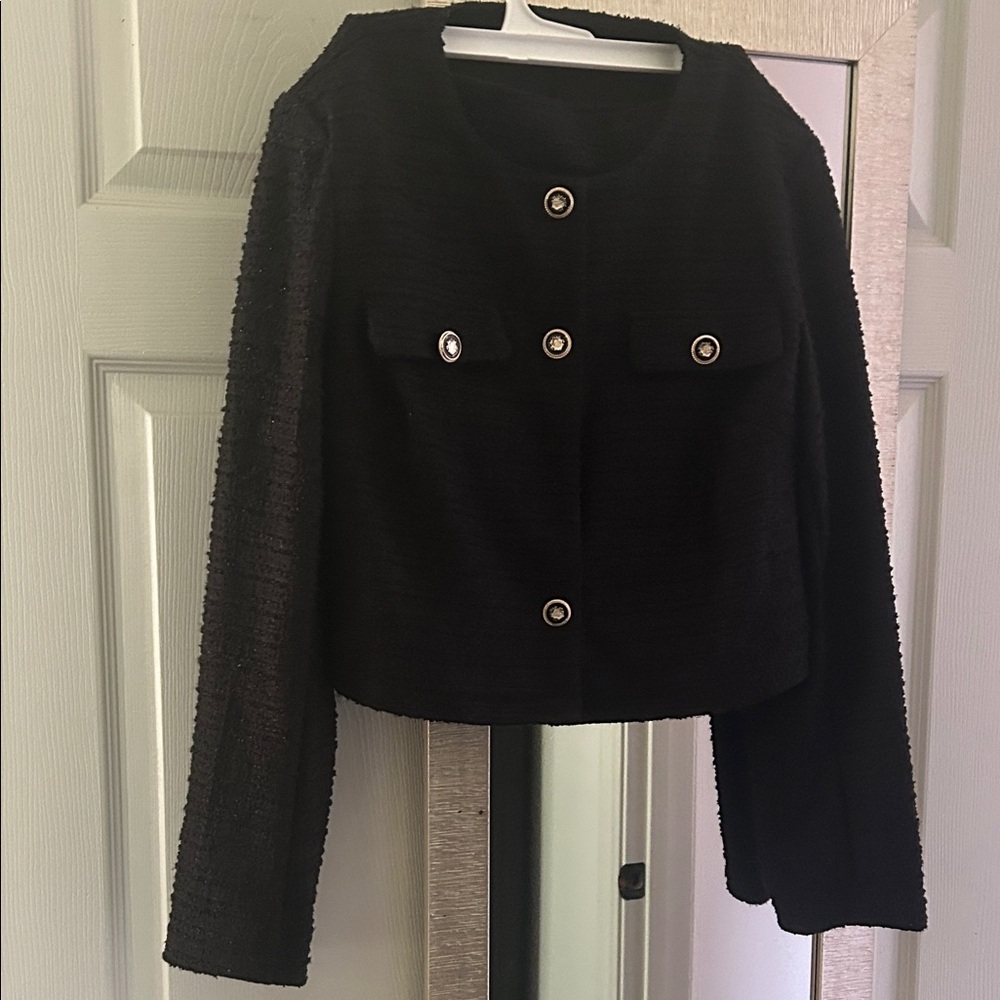 SHEIN Black Textured Blazer with Button Details
